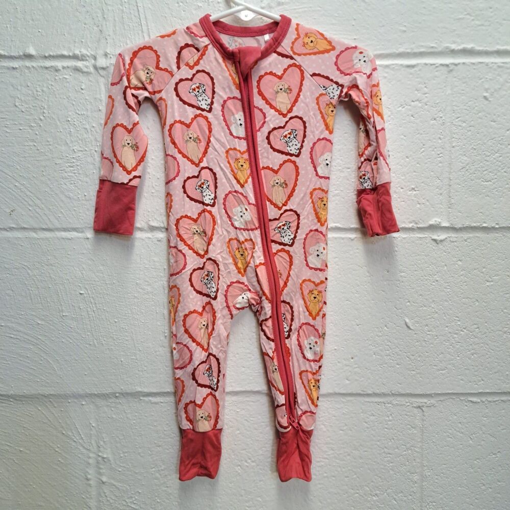 In My Jammers Bamboo Pajamas Zippie Valentines Dogs Hearts Pink Puppies 0-3 M
